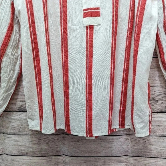 Gap Women's Size M Split Neck Blouse Frame Zen Red Stripe Beige Long Sleeve Top. - Picture 4 of 10